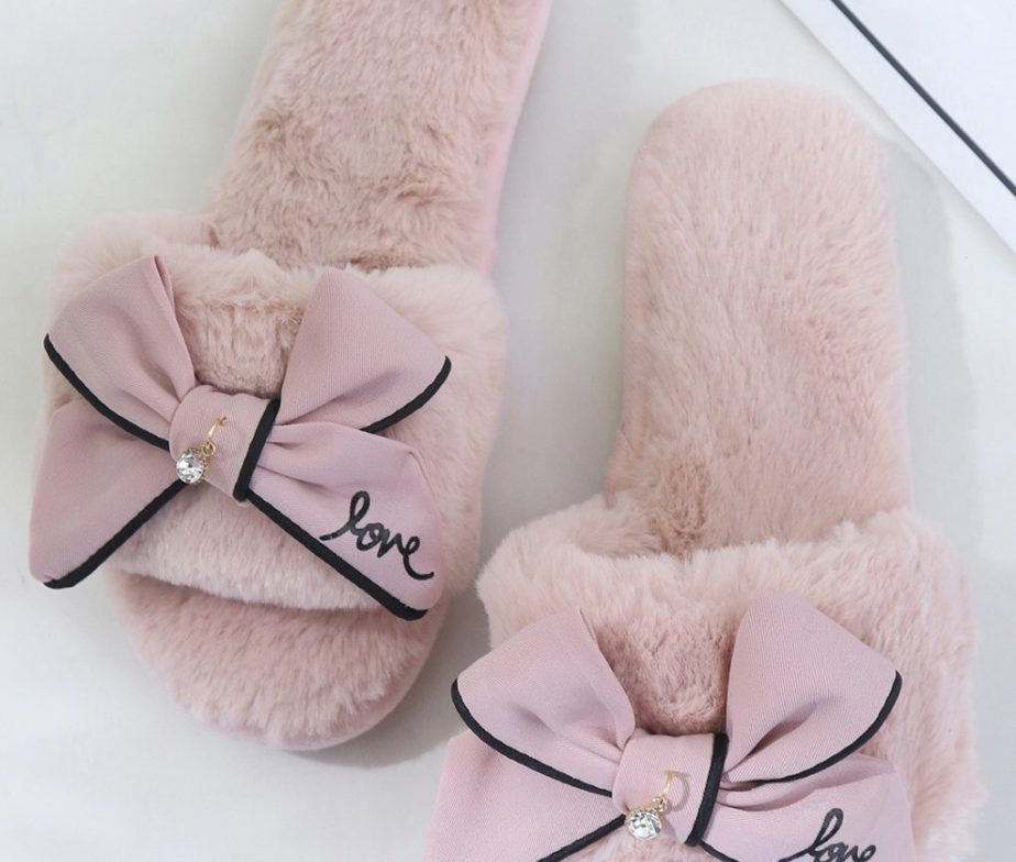 50s Pretty Bow Plush Slippers In Dusty Pink 7296