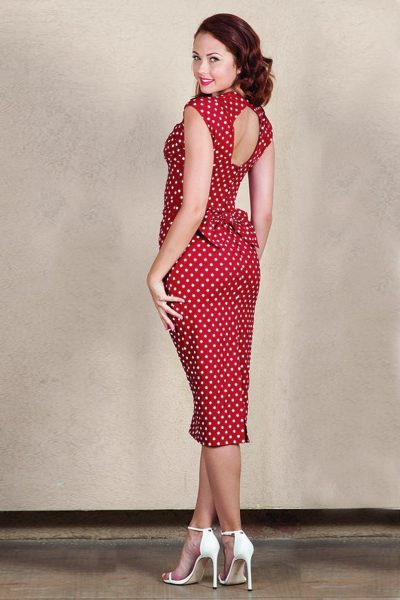 50s Love Polkadot Bow Pencil Dress in Red