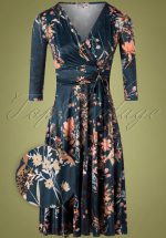50s Caryl Floral Swing Dress in Petrol Blue