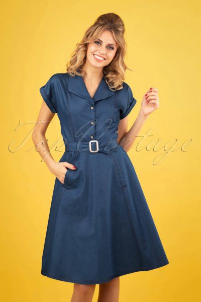 50s Seaside Diner Dress in Chambray Blue