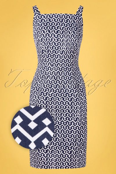 60s Tile Pencil Dress in Navy and White